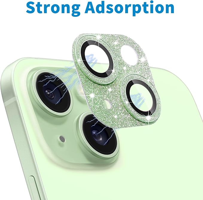 Compatible with iPhone 15 & iPhone 15 Plus Camera Lens Protector, Bling 3D Rhinestone Diamond 9H Tempered Glass Camera Cover Anti Scratch Shockproof Lens Screen Full Protective Cover - Green - Image 4