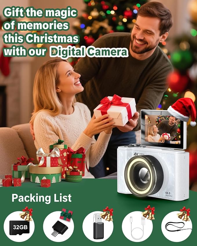 W & O 4K Digital Camera for Photography,Flip Screen Digital Camera for Kids | 64MP Vlogging Camera for YouTube with SD Card,16X Zoom Autofocus,Point and Shoot digital cameras for Teens Beginner,White - Image 7