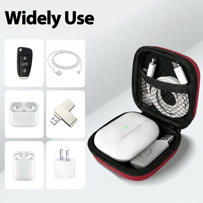 Square Earbud Case with Carabiner, Portable Small Carrying Pouch for Wired/Wireless Earphones, EVA Travel Organizer Box for Charging Cables, USB Flash Drives, SD Cards, Red - Image 4