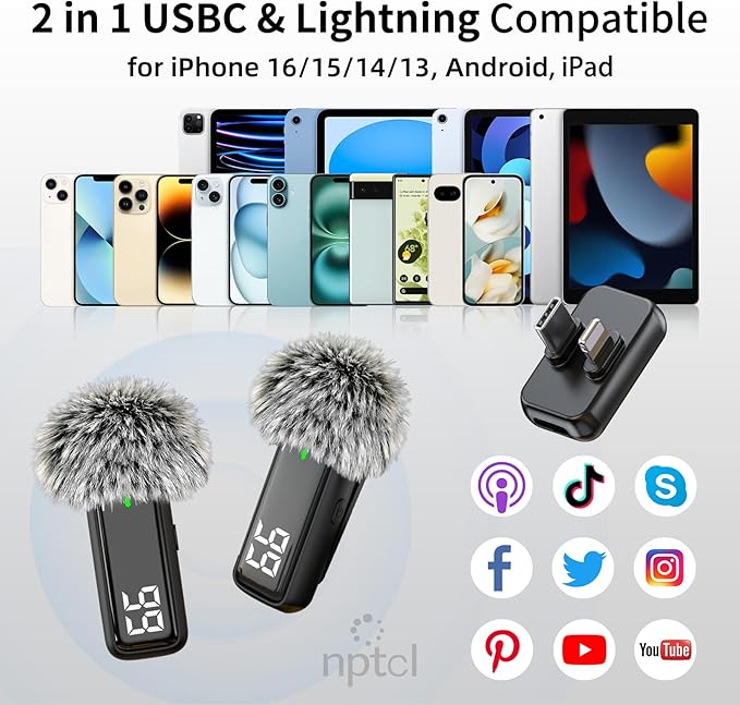 NPTCL 2 in 1 Wireless Lavalier Lapel Microphone for iPhone iPad Android | Noise Canceling Clip Mic, LED Charge Display, 70Ft Transmission, 24 Hour Charging Case for Streaming Instagram Voiceover - Image 7