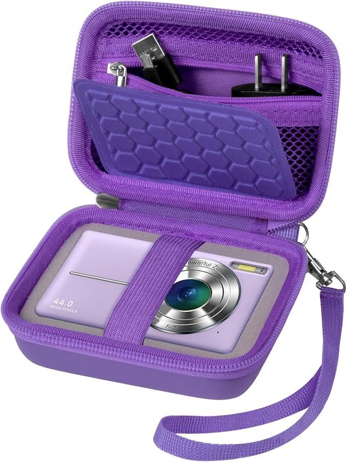 Comecase Digital Camera Case for Kodak PIXPRO FZ45 FZ55, Dark Purple | Fits Cameras up to 4.33 x 3.07 x 2.3 in, Pre-Cut Foam, Elastic Strap&Hand Strap, Mesh Pocket for Accessories, Case Only by COMECASE