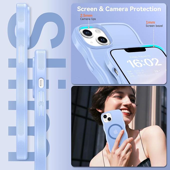 BENTOBEN Magnetic for iPhone 13 Case iPhone 14 Case, Cute Wavy [Full Camera Protection][Compatible with MagSafe] Matte Anti-Slip Bumper Women Girls Boys Protective Cover for 13/14 6.1" Mist Blue - Image 2