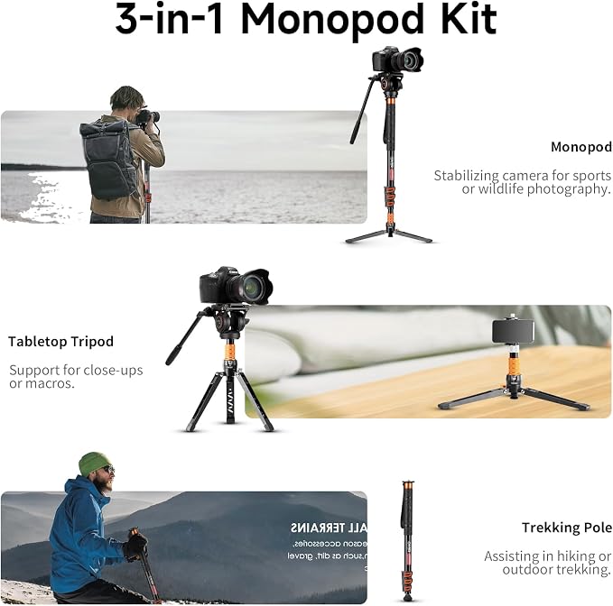 Cayer FP34 Video Monopod, 71" Alu 4-Section Fluid Head with Feet for DSLR | 4-Section Alu Tube, Fluid Head, Folding 3-Leg Base, 13.2 Lb Load, Dual-Mode Compatible Mount - Image 5