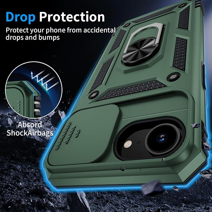 for iPhone 17e Case & iPhone 16e Case with 2X HD Screen Protector & Slide Camera Cover & Rotated Ring Kickstand, Rugged Heavy Duty Protective Phone Case for iPhone 17e/16e 6.1", Pine Green - Image 5