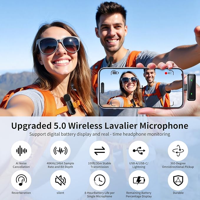 Microphone for iPhone & Android, Wireless Mini Microphone | Battery Display, Clear Voice, Noise Cancelling, Lavalier Mic for TikTok, YouTube & Interviews, Dual Mic - Image 3
