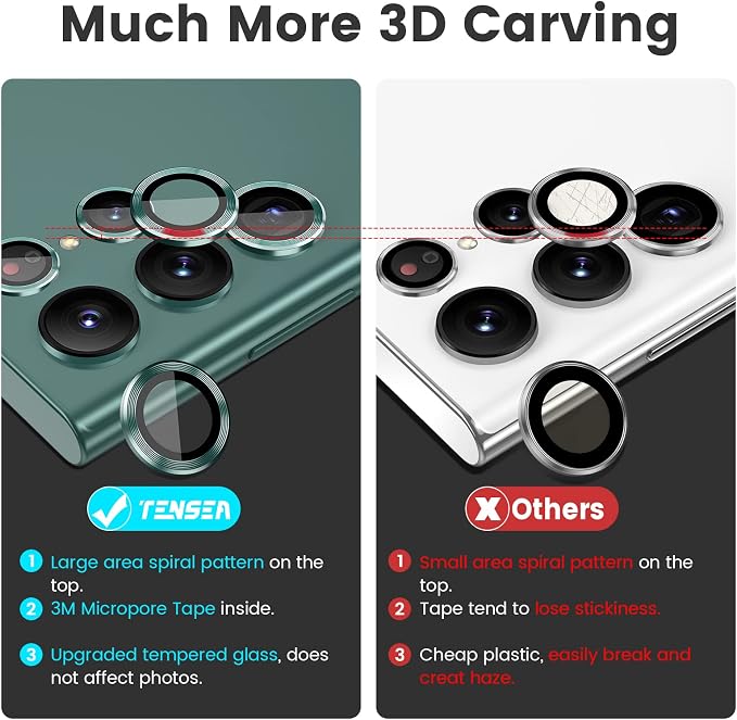 Tensea Compatible with Samsung Galaxy S22 Ultra Camera Lens Protector | 9H Tempered Glass Camera Cover Screen Protector Metal Individual Ring [Installation Tray][Case Friendly] - Image 3