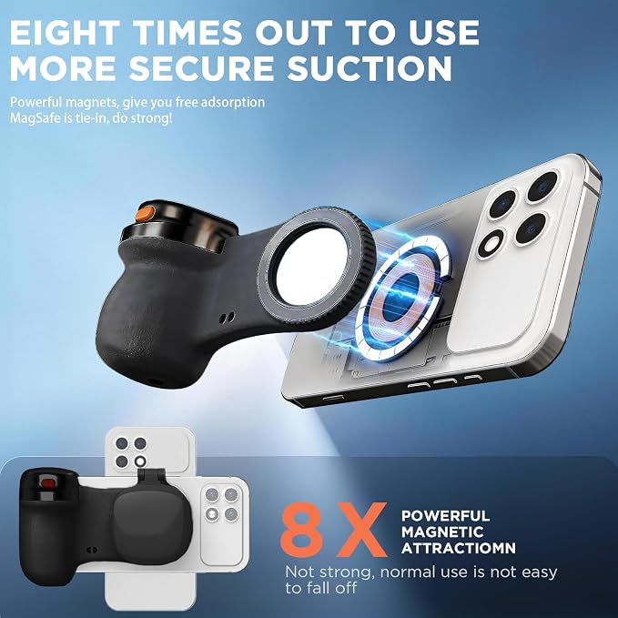 Magnetic Phone Camera Grip, Shutter Grip Handle Holder for iPhone/Android with Detachable Wireless Shutter Remote and Convenient Keychain Hook - Image 3