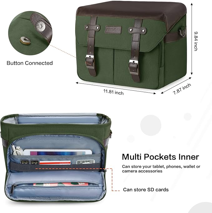 MOSISO Camera Case Crossbody Shoulder Messenger Photography Bag, Army Green | DSLR/SLR/Mirrorless Vintage PU Leather Flap Gadget Bag with Rain Cover Compatible with Canon/Nikon/Sony Camera and Lens - Image 3