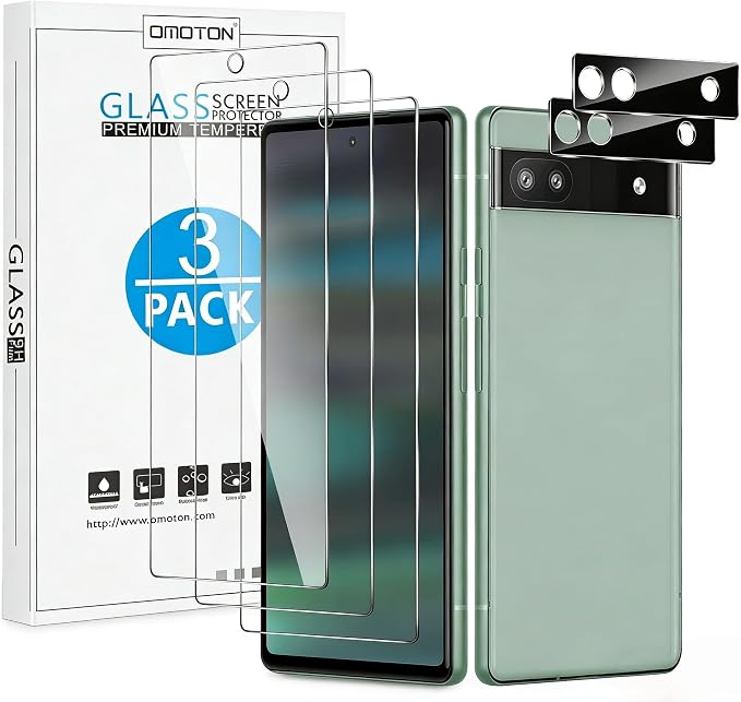 OMOTON 3+2 Pack Screen Protector for Google Pixel 6a (6.1 Inch 2022 Release), 3 Pack Tempered Glass Screen Protector & 2 Pack Camera Lens Protector, Bubble Free/Scratch Resistant by OMOTON