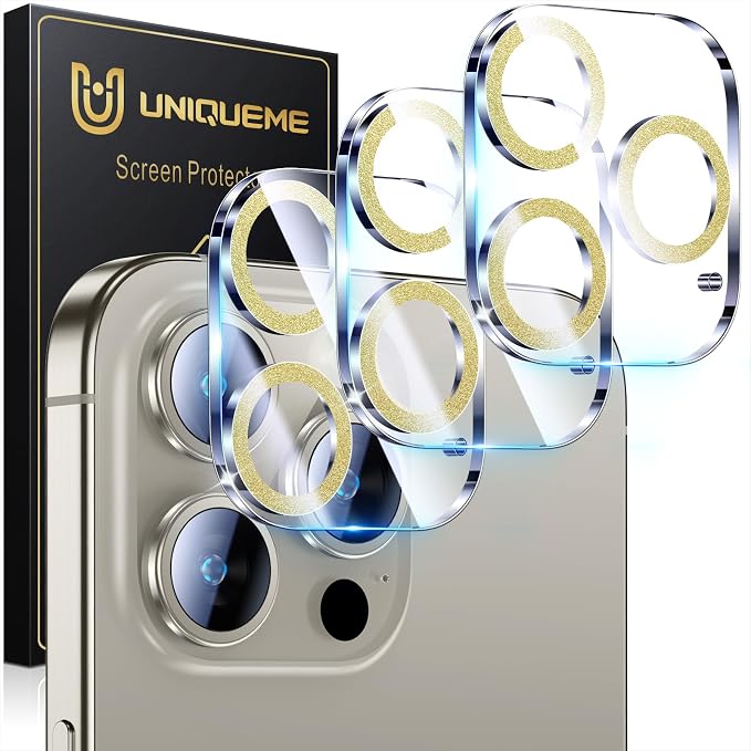 UniqueMe for iPhone 15 Pro/15 Pro Max Camera Lens Protector Bling Golden | 3 Pack-Drop Protection, Case Friendly, 9H Tempered Glass, Camera Cover Screen, Update New Version by UniqueMe