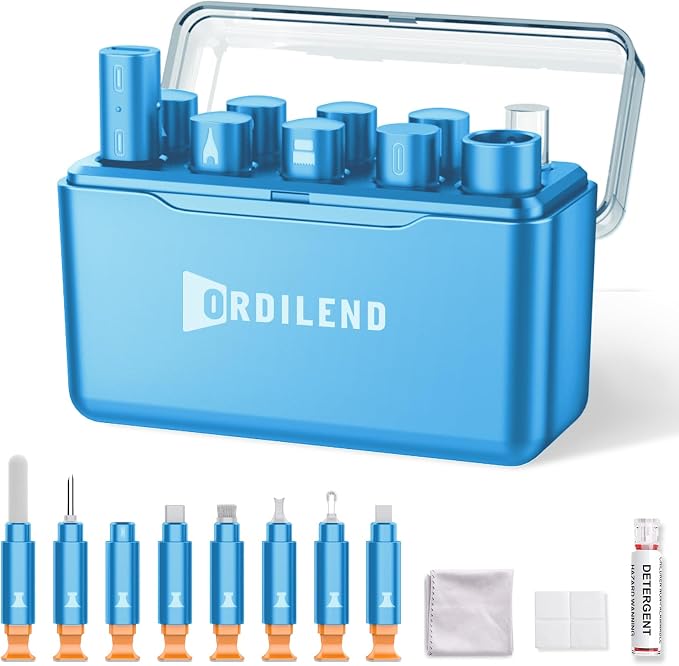 iPhone Cleaning Kit for Charging Port Cleaner AirPod Phone, Light Blue | Multi-Tool, iPhone Cleaner, Repair Lightning Cable USB C Speaker Charger iPad Connector, Compact Portable, with Storage Case by Ordilend