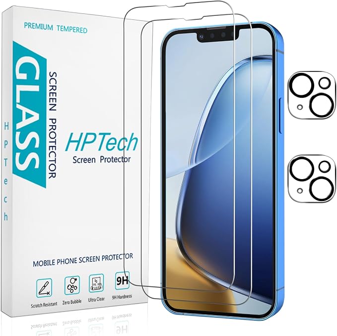 2+2 Pack Screen Protector for iPhone 13 6.1 Inch Tempered Glass | Camera Lens Protector, Anti Scratch, Bubble Free, Case Friendly, HD Clear by HPTech