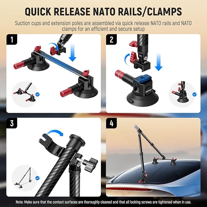 NEEWER Triple Suction Cup Car Mount Kit, Carbon Fiber Camera Mount with Action Camera Adapter, NATO Rail & 24"/60cm Extension Pole Compatible with GoPro Insta360, 2.2lb/1kg Max Load, CA136 - Image 5