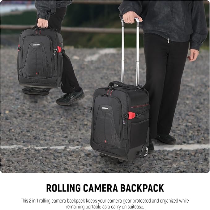 Neewer 2-in-1 Rolling Camera Backpack Trolley Case - Anti-shock Detachable Padded Compartment, Hidden Pull Bar, Durable, Waterproof for Camera,Tripod,Flash Light,Lens,Laptop for Air Travelling(Black) - Image 5