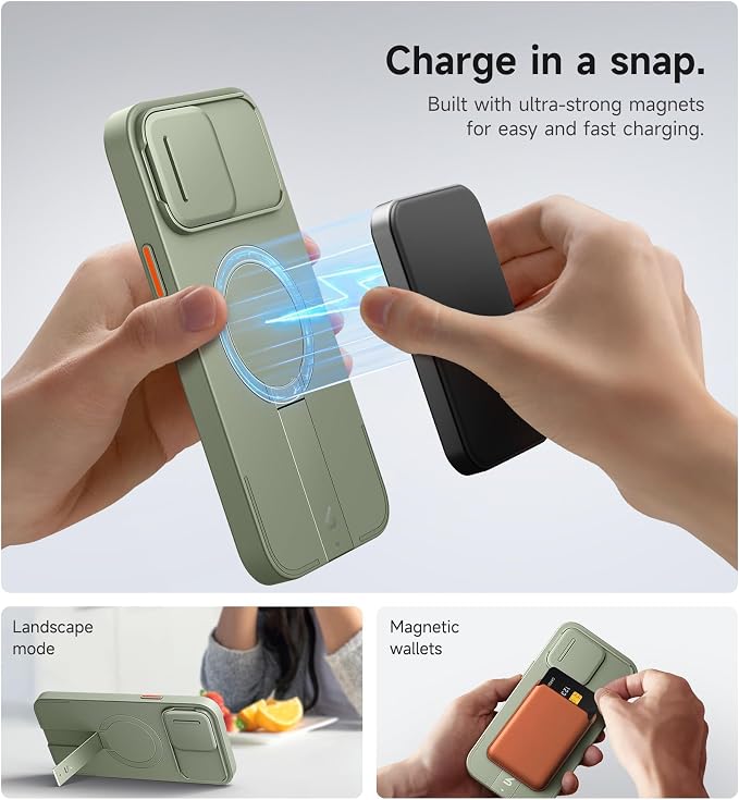 SURITCH for iPhone 13 Pro Max/12 Pro Max Case with Magnetic Camera Slide Cover and Adjustable Kickstand, Compatible with MagSafe, Shockproof Bumper Case Slim Protective Cover 6.7 Inch, Green - Image 3
