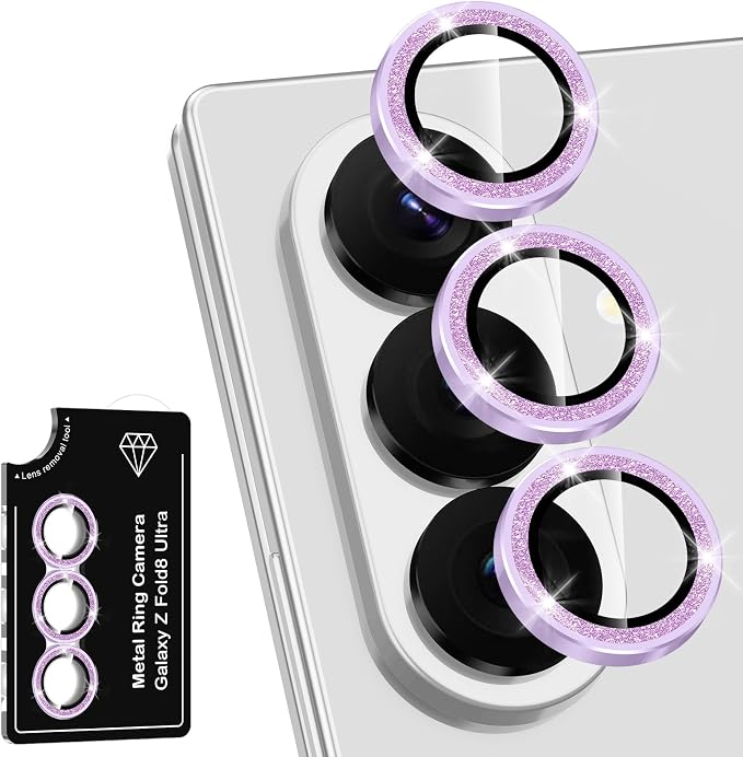 for Samsung Galaxy Z Fold 8 Ultra Camera Lens Protector, Individual Metal Ring Tempered Glass Lens Cover, [Strong Adsorption] Scratch Resistant Ultra-Thin HD Clear Lens Cover, 1 Set-Purple Sparkly by Btscase