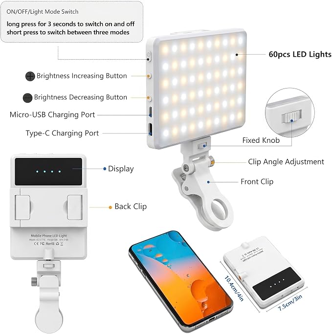 Selfie Light, Phone Light with Front & Back Clip, 60 LED Portable Light with 3 Modes, 5000mAh Rechargeable Video Light for Phone, iPhone, IPad, Laptop, TikTok, Makeup, Lighting Monolights(White) - Image 4