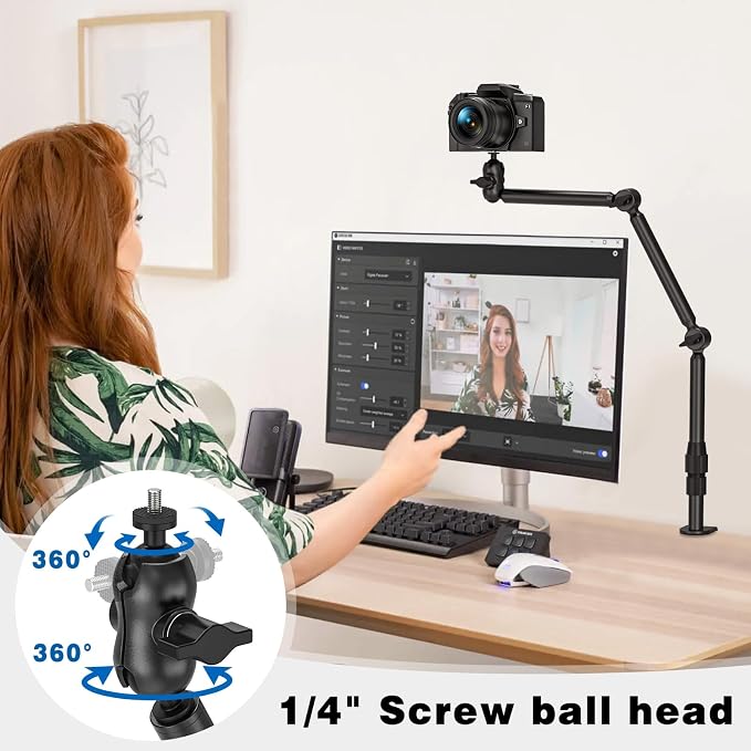 Overhead Camera Mount for Desk, 30.9" Foldable Camera Desk Mount Stand with 1/4" Screws, 360° Rotation 3-Sections Tabletop Holder with C-Clamp for DSLR, Digicam, Webcam, Mini Projector, Microphone - Image 3