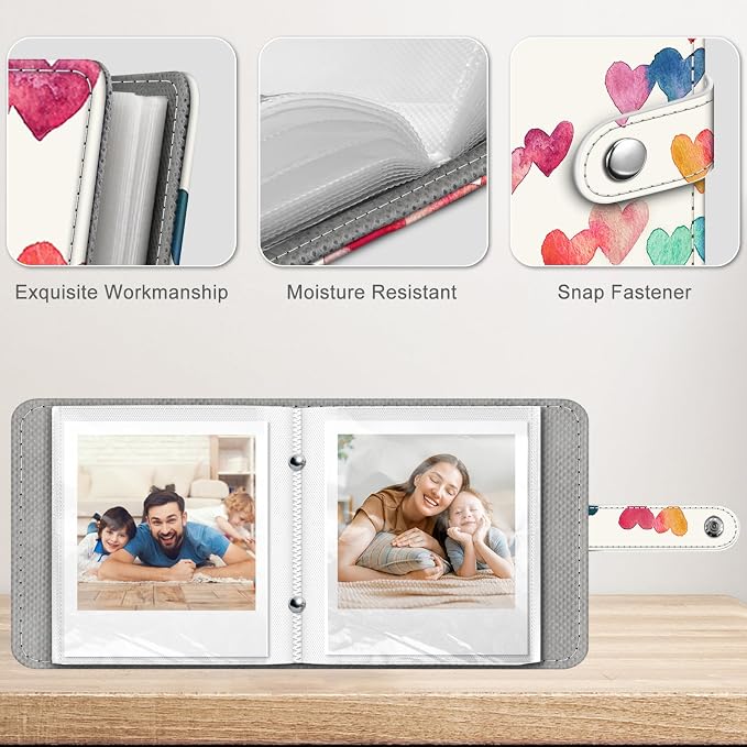 Fintie Small Photo Album Book for 3.5x4.25" Polaroid Films - 52 Pockets | For Polaoird I-Type/600/Sx-70 Films, Fujifilm Instax Wide Pictures Albums Book, Boys & Girls Memory Keepsakes, Raining Heart - Image 5