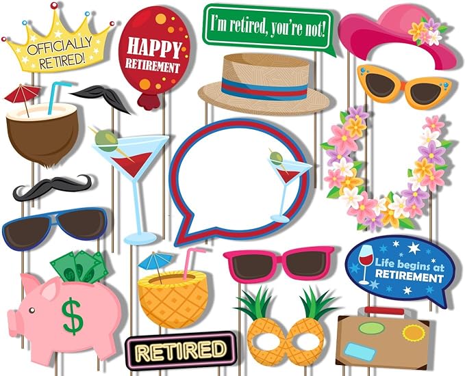 Retirement Photo Booth Props Kit - 20 Pack Party Camera Props Fully Assembled by BirthdayGalore