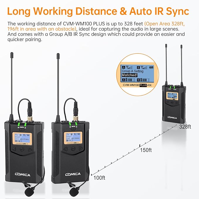 COMICA CVM-WM100PLUS UHF Wireless Lavalier Microphone for Camera Smartphone | 48 UHF Selectable Channel, Noise Cancellation, 160ft Stable Range, Dual Lapel Mic for YouTube TikTok Vlog Interview Stream - Image 5