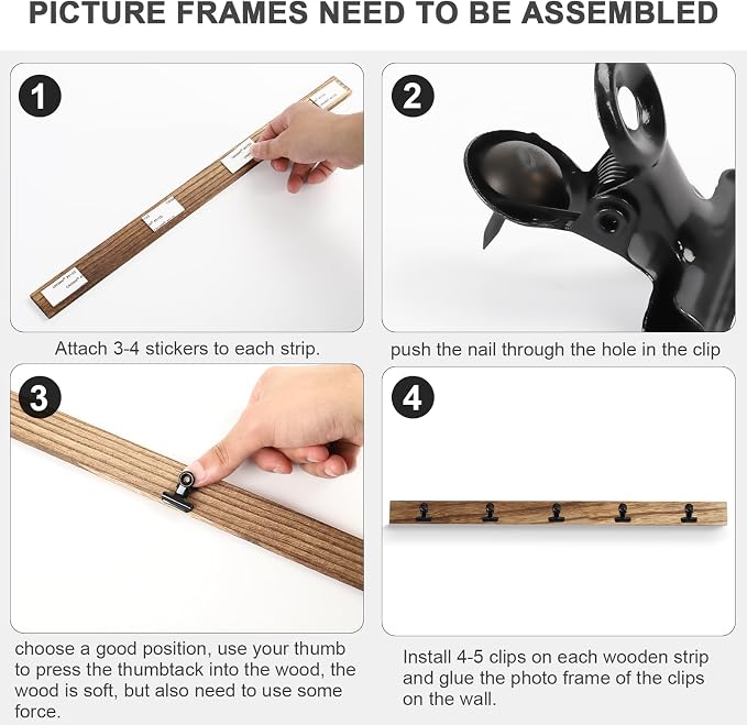 6 Wooden Wall Hanging Photo Frames With 27 Clips, Decorative Collage Picture Frame, No Drilling Required, Adhesive Stickers, Easy to Install, Carbonized Brown - Image 5