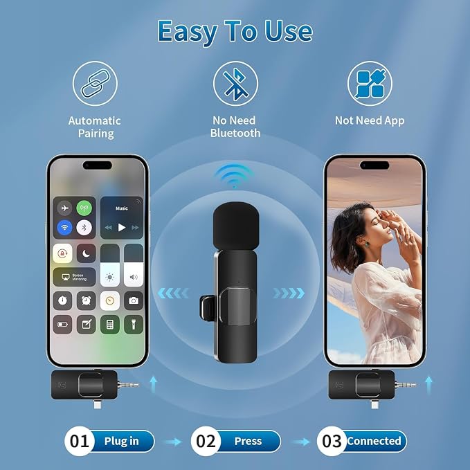 Wireless Lavalier Microphone for iPhone & Android & iPad & Camera - 2 Pack 3 in 1 Mini Microphones with Noise Reduction Lapel Mic for ​​Live Stream Content Creators Podcast - Image 5