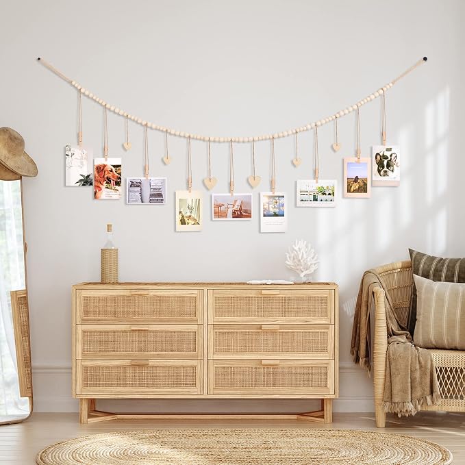 KLOGTSIND Hanging Photo Display with Clips, Wood Bead String Photo Banner | 9 Wooden Clips, Boho Picture Frames Collage Wall Decor, Photo Hanger for Bedroom, Office, Dorm Decor - Image 4