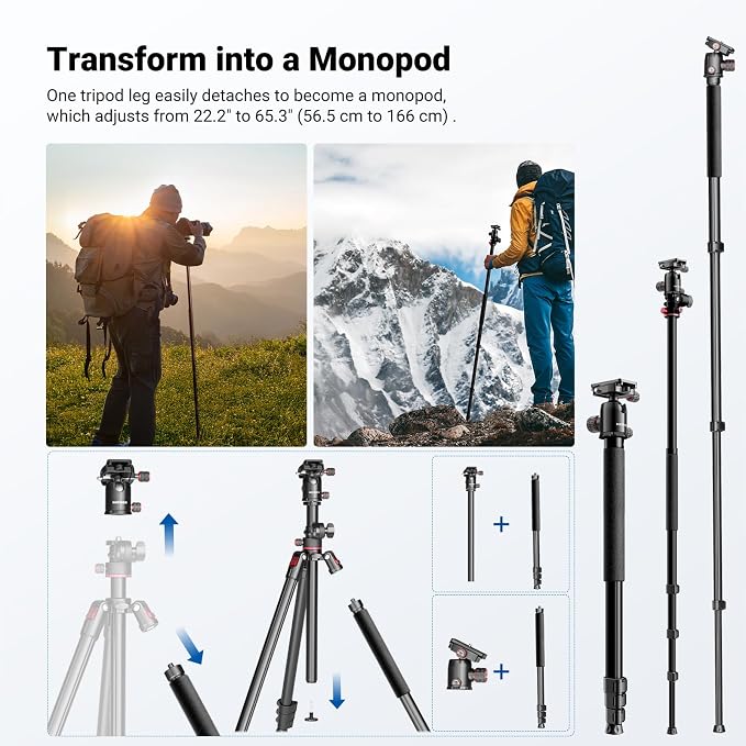 NEEWER 90 Inch Tall Overhead Horizontal Camera Tripod Monopod with Ball Head & Flexible Center Column, Metal DSLR Video Travel Stand, Arca Type QR Plate & Inverted Legs, Max Load 10 kg / 22 lbs, TP63 - Image 5