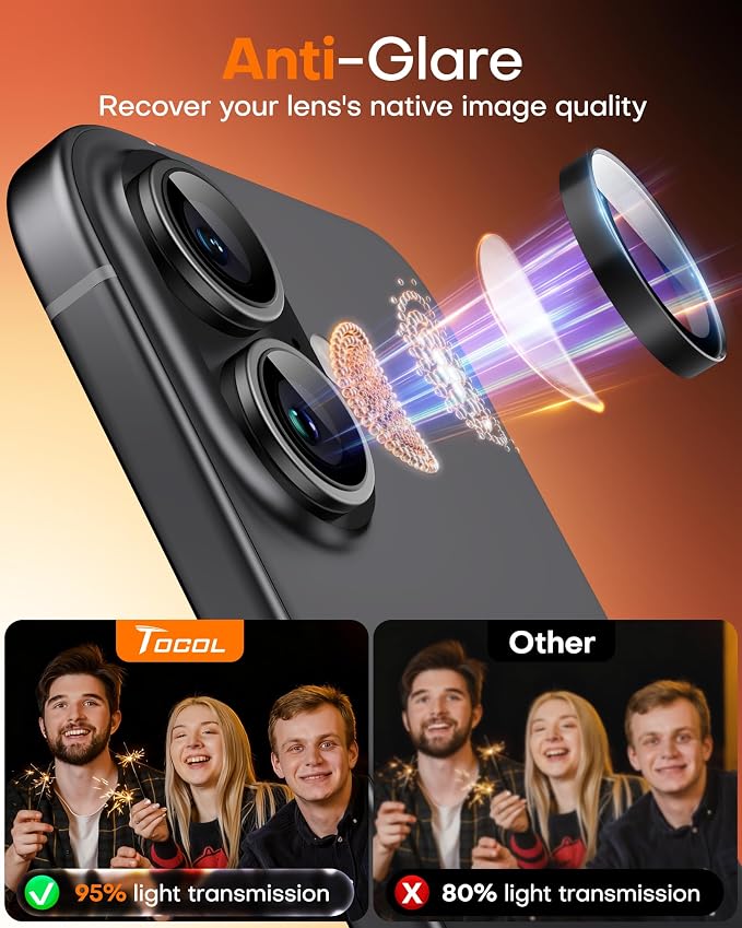 TOCOL Camera Lens Protector for iPhone 16 / iPhone 16 Plus Tempered Glass HD Individual Scratch Resistant Camera Cover Accessories Case Friendly 2 Pack（Black） - Image 6