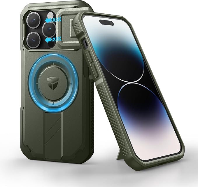 Dexnor for iPhone 14 Pro Case with Slide Camera Cover & Adjustable Kickstand, Compatible with MagSafe, Rugged Shockproof Bumper Cases Heavy-Duty Magnetic Protective Cover,6.1 inch,Army Green by Dexnor