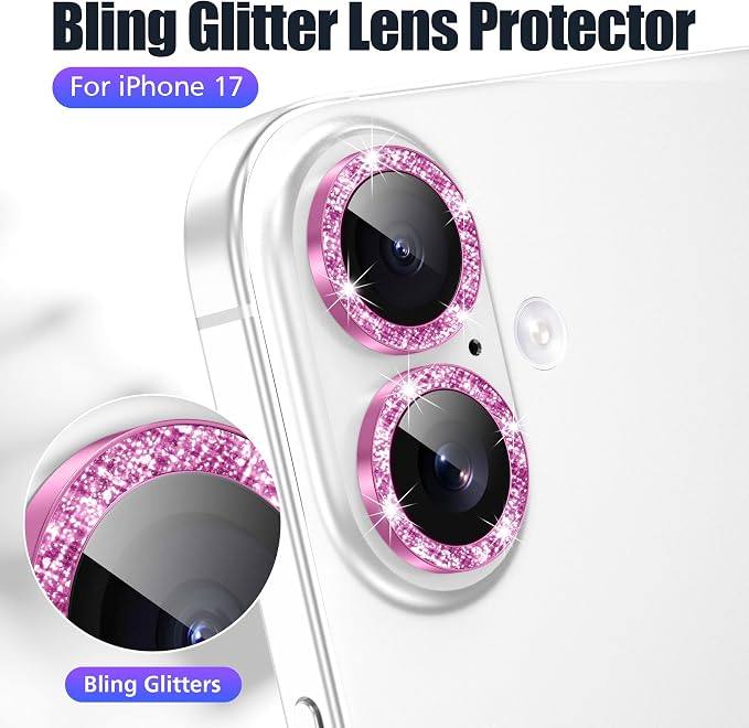 AGVEE 3+3 6 Pack for iPhone 17 Camera Lens Protector Cover | Individual Bling Diamond & Bling Glitter Sparkle Cute Gem Metal Ring, 9H Tempered HD Glass - Image 5