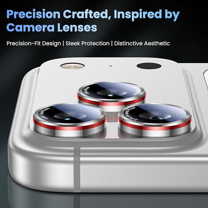 Uyiton for iPhone 17/16/15/14 (Pro Max & Pro) Camera Lens Protector | Unique Lines Text Design, Case-Friendly, Military-Grade Sapphire Glass Metal Camera Cover, Easy to Install, Silver+Red - Image 3