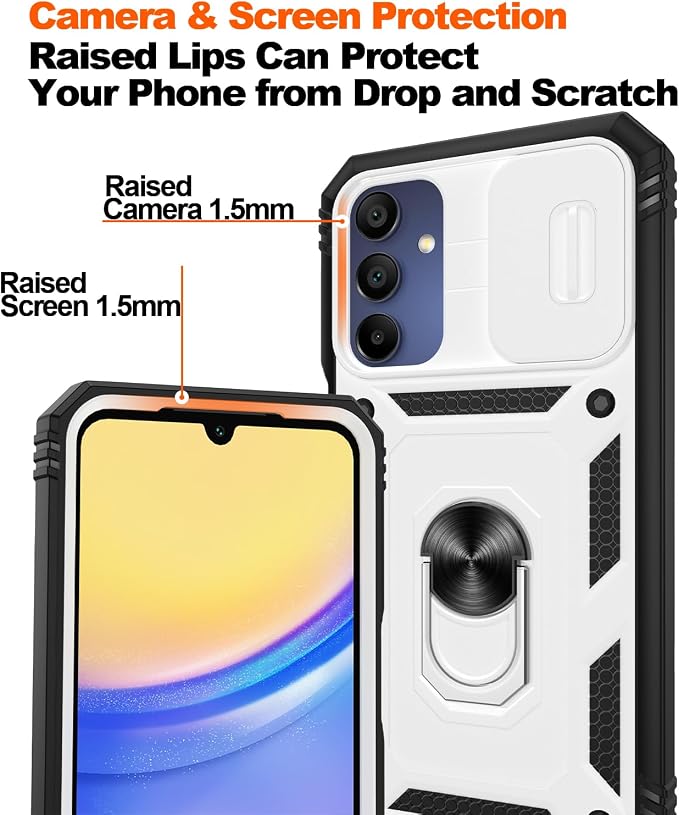 for Samsung Galaxy A15 5G Case with 2PCS Screen Protector, Build in 360° Rotating Ring Kickstand, Military Grade Protective Case for Samsung A15 Phone, White+Black - Image 4