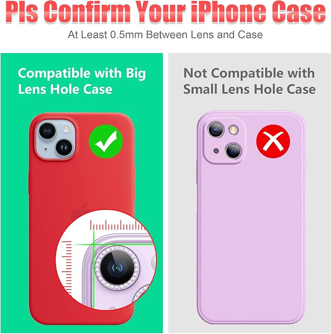 AGVEE 3+3 6 Pack for iPhone 14/14 Plus Camera Lens Protector Cover | Individual Bling Diamond & Bling Glitter Sparkle Cute Gem Metal Ring, 9H Tempered HD Glass - Image 3