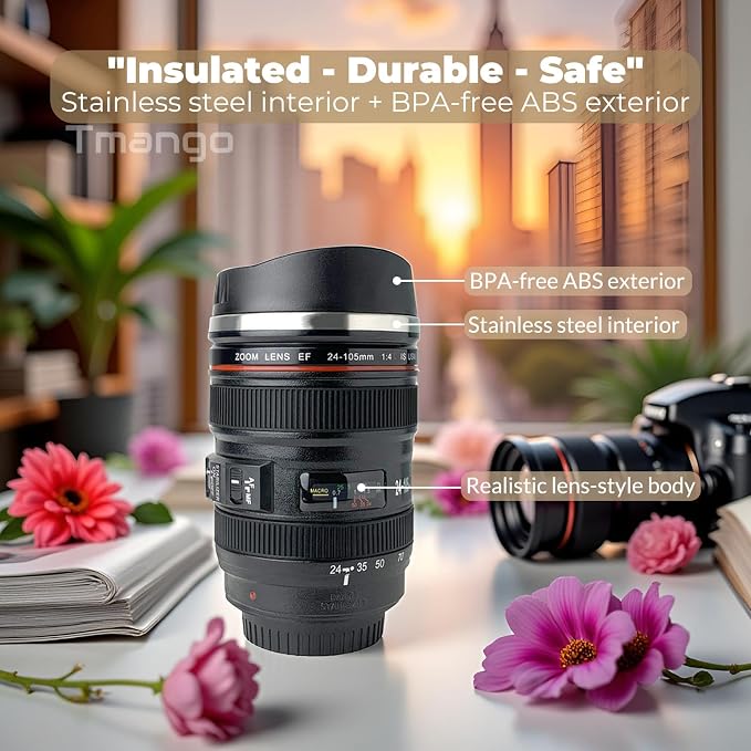 Camera Lens Coffee Mug with Slider Lid and Spoon– Realistic DSLR Thermos Cup, Novelty Gift for Photographers, Men & Women - Image 2