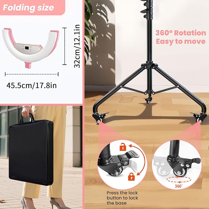 22" Foldable Ring Light with Stand for iPhone ipad, 75" Tripod with Wheels 50W 6500K LED Display/2 USB Ports Large Ringlight Rolling, Tattoo Barber Makeup Studio Video Photography Lighting(Pink) - Image 3