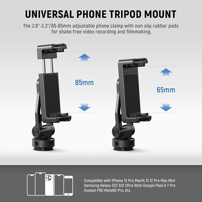 NEEWER Adjustable Phone Tripod Mount with Cold Shoe 1/4" Thread 180° Tilt 360° Rotation Cleaning Cloth Phone Clamp Holder Compatible with iPhone Samsung Android Camera Cage for Video Recording, GA010 - Image 2