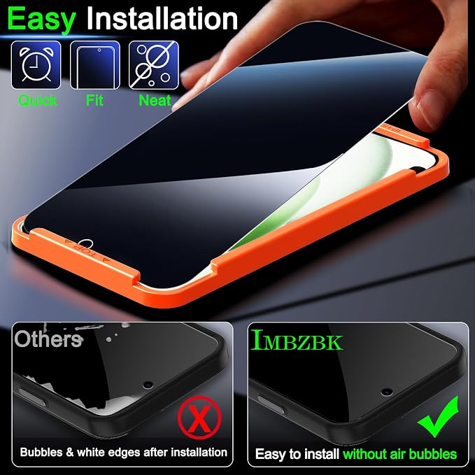 IMBZBK 3 Pack Privacy Screen Protector for iPhone 15 Plus, Tempered Glass | 9H+ Hardness, Military Grade Shatterproof, Case Friendly, Bubble Free Easy Installation Frame, with 3 Camera Lens Protectors - Image 6
