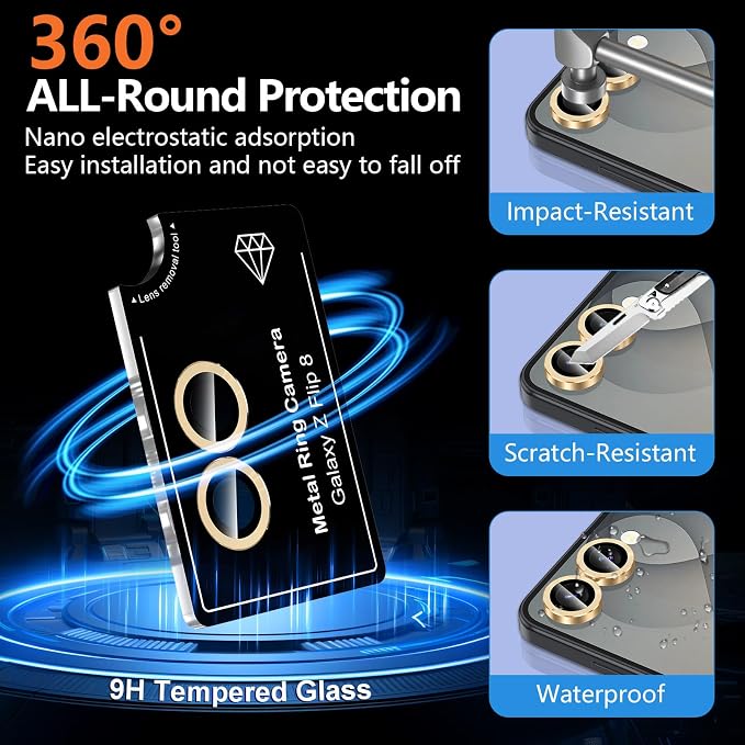 for Samsung Galaxy Z Flip 8 Camera Lens Protector, Individual Metal Ring Tempered Glass Lens Cover, [Strong Adsorption] Scratch Resistant Ultra-Thin HD Clear Lens Cover, 1 Set-Gold - Image 2