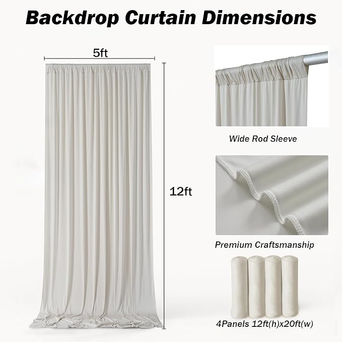 20x12 ft Beige Backdrop Curtains for Weddings Parties, Birthdays and Photos | 4 Panels 5x12 ft, Wrinkle-Free Polyester Drapes, Washable, Ironable, 4 in Rod Pocket for Baby Showers Photography Background - Image 8