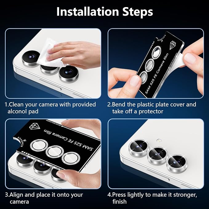 for Samsung Galaxy S25 FE Camera Lens Protector, Individual Metal Ring Tempered Glass Lens Cover, [Strong Adsorption] Scratch Resistant Ultra-Thin HD Clear Lens Cover, 1 Set-Slivery Sparkly - Image 7