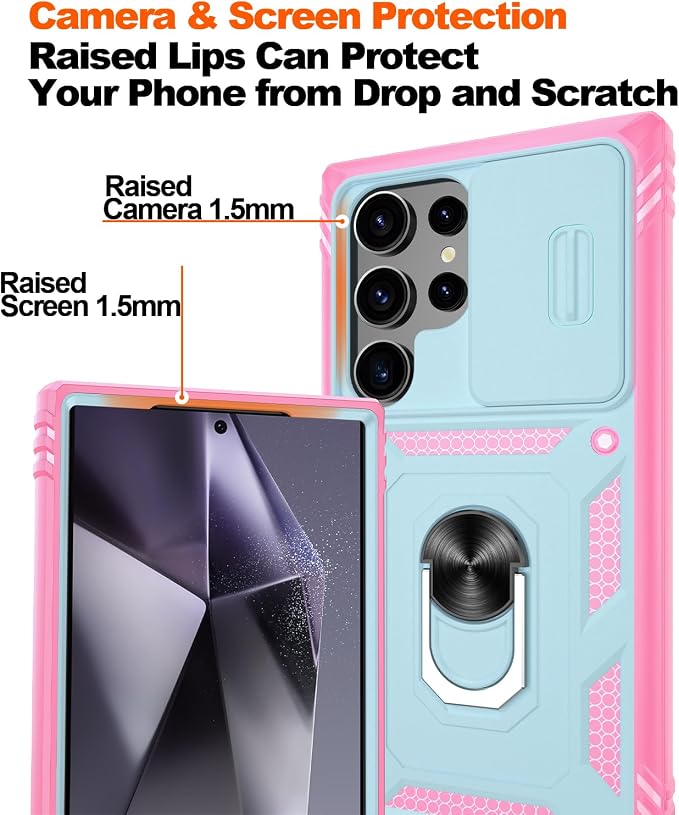 Gritup for Case Samsung S24 Ultra: Case Galaxy S24 Ultra with 2*Screen Protector | Magnetic Stand & Slide Camera Cover | Shock Proof Military-Grade Funda para S24 Ultra Cover -Green+Pink - Image 5