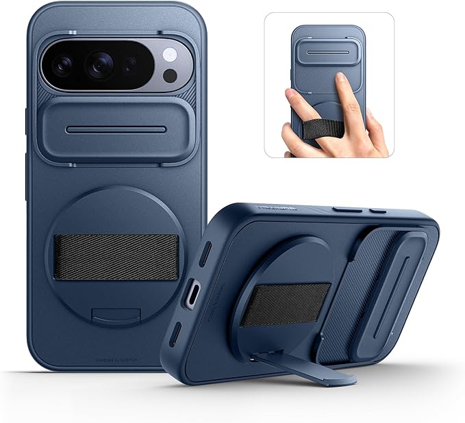 SURITCH for Google Pixel 10/10 Pro Case with 360° Rotatable Hand Strap Phone Grip Holder & Invisible Kickstand & Slide Camera Cover, Protective Cover for Pixel 10/10 Pro -Dark Blue by SURITCH