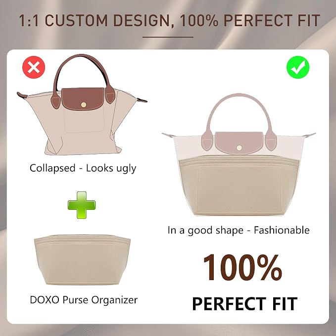 Doxo Purse Organizer Insert for Longchamp Le Pliage Tote, Large Bag Organizer with YKK Zipper Pocket & Cup Holder, Handbag Shaper for Women, Fits Original/Green/Energy L Tote, Beige-WL - Image 3