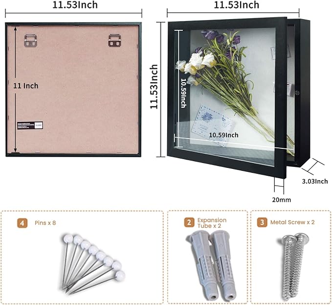 Muzilife 11x11 Shadow Box Wood Picture Frame, 2.16 Deep, Real Glass, Black | FSC-Wood, Magnetic Door, Linen Interior & Pins, Vertical, Horizontal Wall Hanging, Display Case Frame for Photos & Keepsakes - Image 3