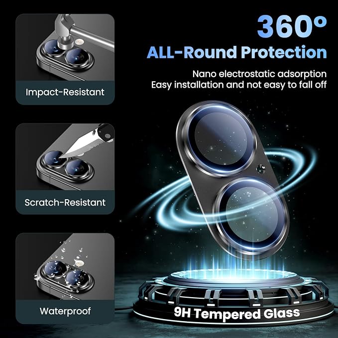 Uyiton for iPhone 17 Camera Lens Protector, Metal Frame Glass Cover | Not Easy to Break, Strong Adsorption, Case-Friendly, Metal 9H Sapphire Glass Rear Camera Screen Cover, Black - Image 2