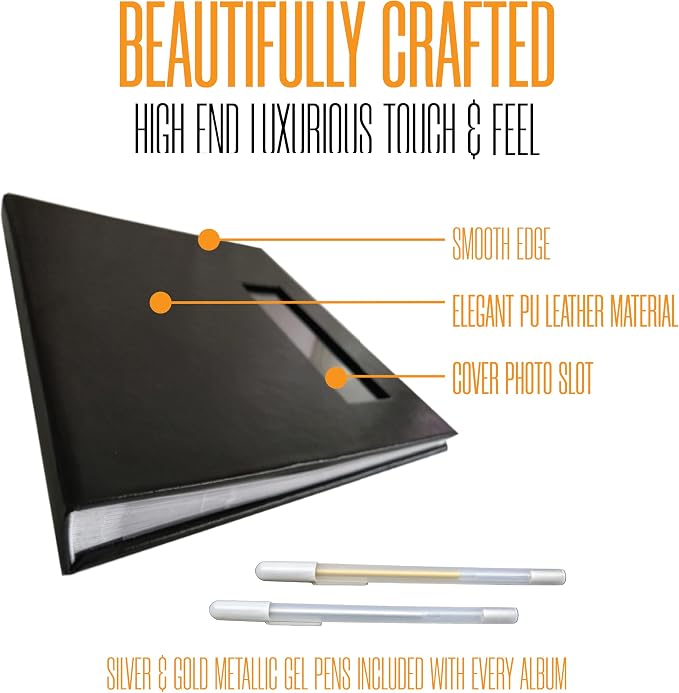 2x6 Strip Album, Black Cover White Pages, 2 Gel Pens, 20pk | Leather-cover photo strip scrapbook journal holds 2x6 photos. Album guest book for weddings, graduations, anniversaries. - Image 2
