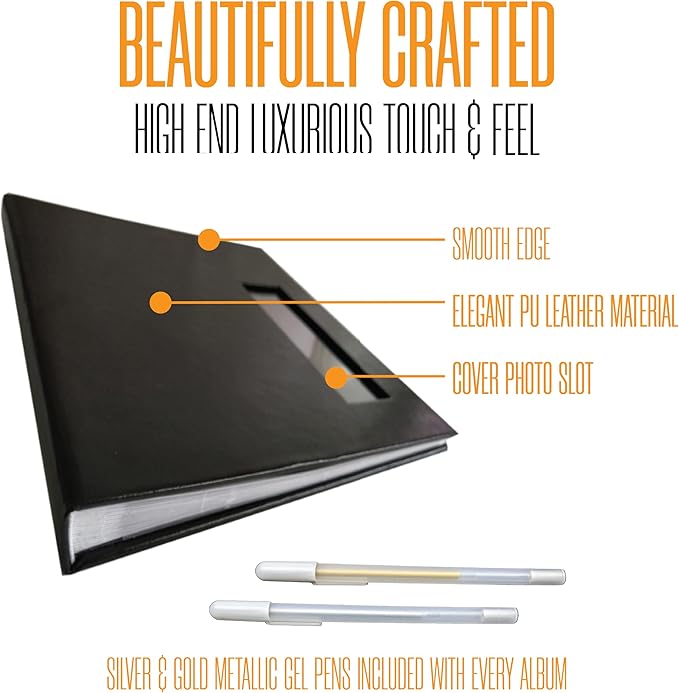 2x6 Photo Strip Album, Black Cover Black Pages, 2 Gel Pens | Leather-cover photo strip scrapbook journal holds 2x6 photos. Album guest book for weddings, graduations, anniversaries. - Image 3