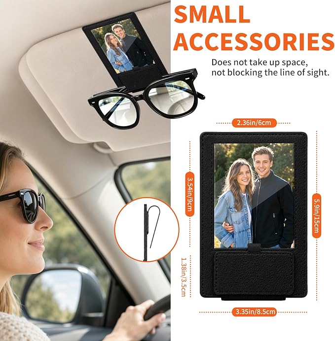 2-in-1 Car Visor Sunglasses & Photo Holder, Magnetic PU Leather Glasses Clip with Picture Display Slot, Universal Sun Visor Organizer for Eyeglasses, Personalized Cards & Memories, Black - Image 5